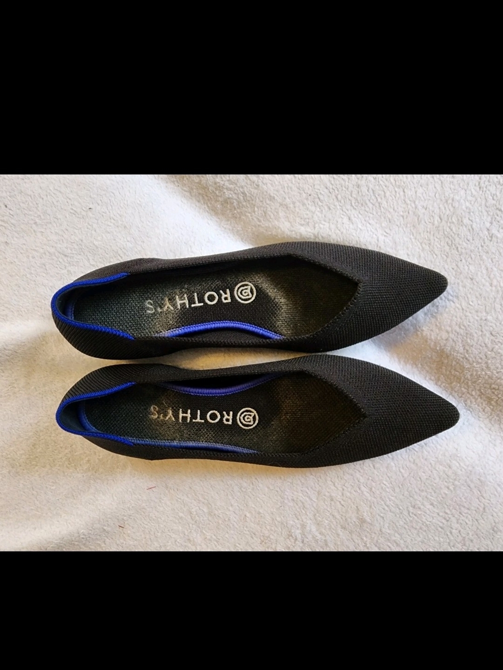 Rothy's Black Pointed-Toe Flats with Blue Trim Sz 8